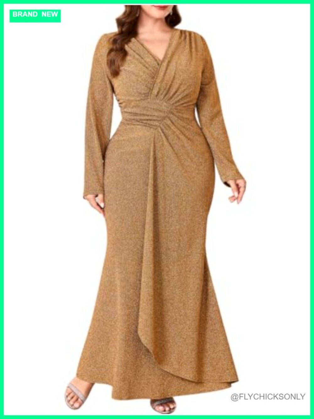 Plus Size Sparkly Formal Dress Ruched Mermaid Long Sleeve Evening Gown